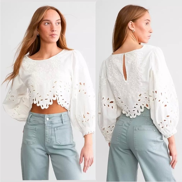 Free People Tops - NEW Free People Oleander White Balloon Sleeve Crochet Lace Boho Crop Blouse XS